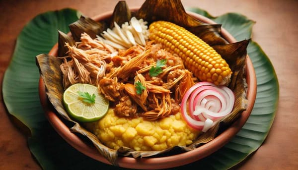 A close-up of a píibil kaax dish, showing the layers of corn dough, chicken, and banana leaves.