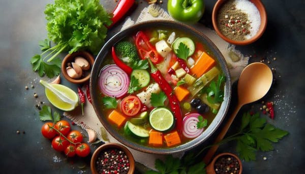 A bowl of traditional Mexican soup with fresh vegetables and herbs.