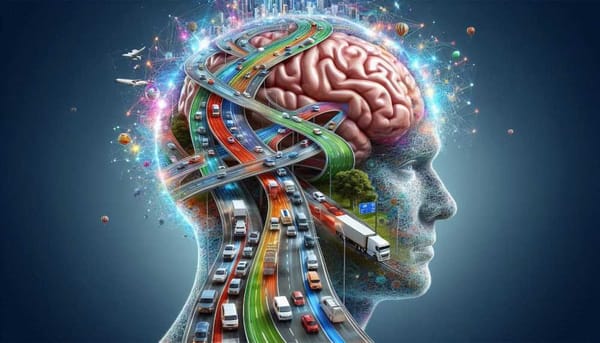 A brain with a congested highway running through it, symbolizing the impact of traffic-related air pollution.