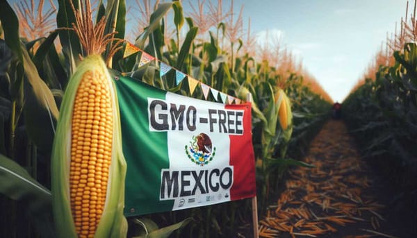 A close-up of a cornfield with a banner that reads 'GMO-Free Mexico.