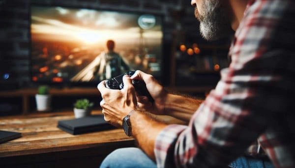 A close-up of a person's hands playing a video game, with the screen blurred.