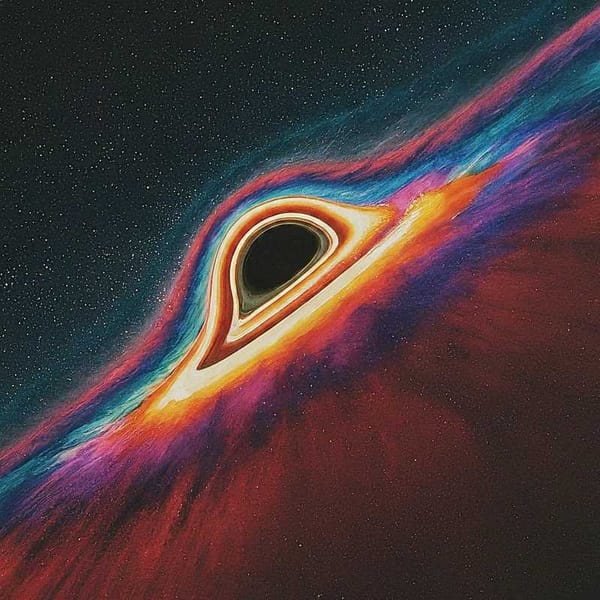 A colorful visualization of a black hole merger, with the gravitational waves emanating from the collision.