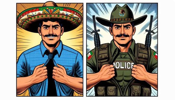 A comic strip panel showing a friendly-looking police officer transforming into a stern-faced soldier.