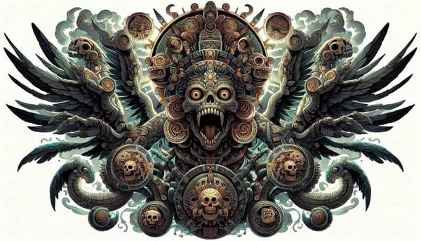 A fantasy illustration of Coatlicue, the Aztec Mother Goddess, adorned with symbolic motifs of life and death.