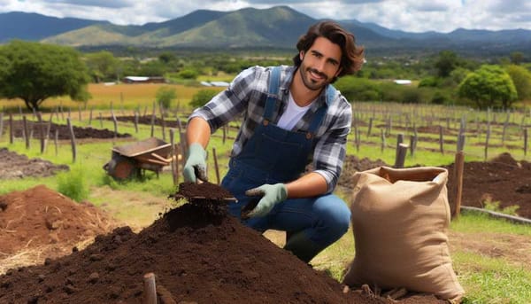 A farmer spreading compost on a field.