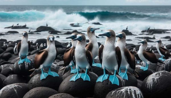 A group of blue-footed boobies with their distinctive webbed feet, standing.