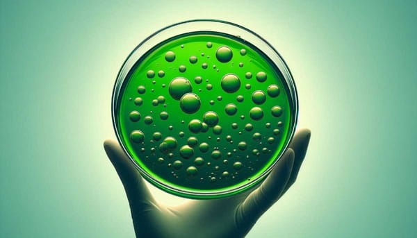  A petri dish filled with a green substance, with visible bubbles rising to the surface.