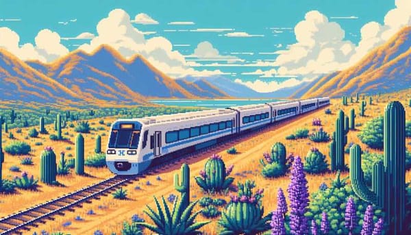 A pixel art illustration of a modern passenger train in the Mexican countryside.