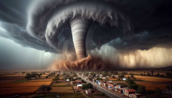 A powerful tornado tearing through a rural town in Mexico.