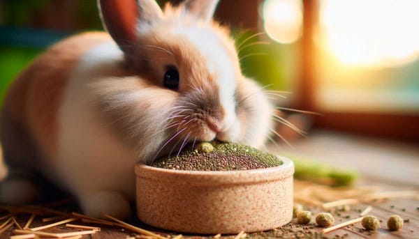 A rabbit eating a pellet of chia hay.