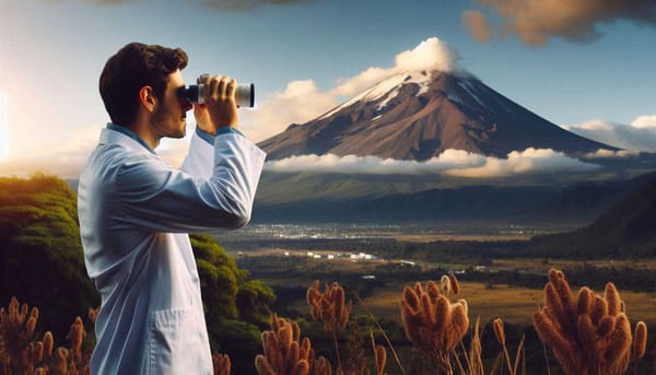 A scientist looking at a volcano through a pair of binoculars.