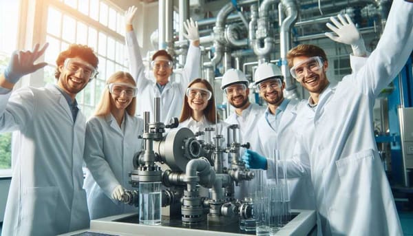 A group of scientists in a laboratory, looking at a test tube with a liquid in it.