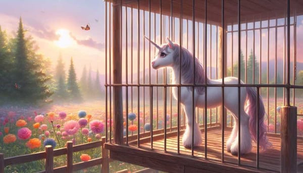 A unicorn standing in a cage, looking longingly out at a field of flowers.