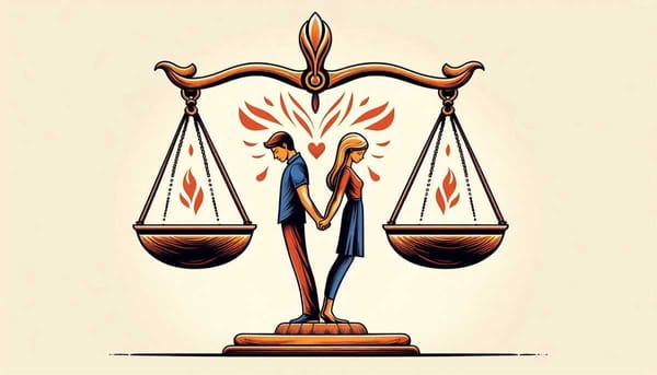 An illustration depicting a couple in a balanced relationship, symbolized by equal scales.