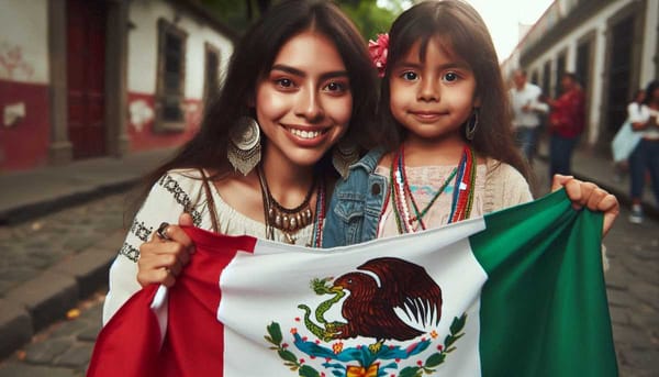 An indigenous woman and child proudly holding a Mexican flag, symbolizing their empowerment and the legal recognition.