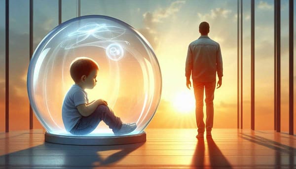 A child inside a glass capsule with a concerned parent outside, illustrating overprotection.