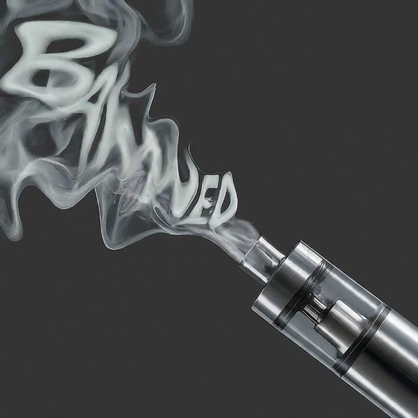 Create an image of cartoonish vape pen with smoke dissipating into the word 'BANNED'.