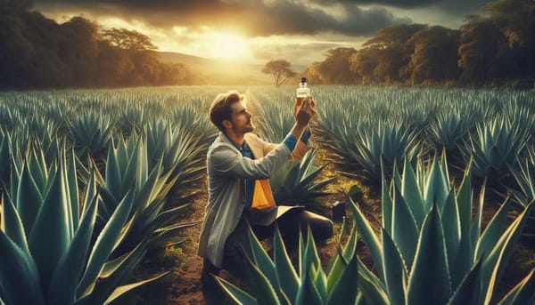 A field of agave plants with a scientist taking samples.