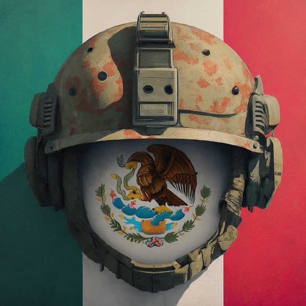 A Mexican flag with a military helmet superimposed on it, representing the National Guard.