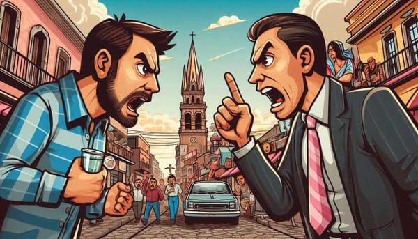 A cartoon of a heated discussion between two people in a bustling Mexican marketplace.