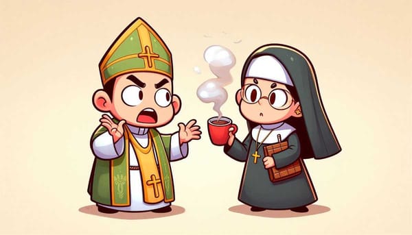 A cartoon illustration of a priest and a nun arguing over a cup of chocolate.