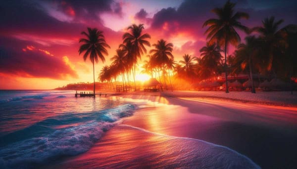 A colorful sunset over a tropical beach in Mexico.