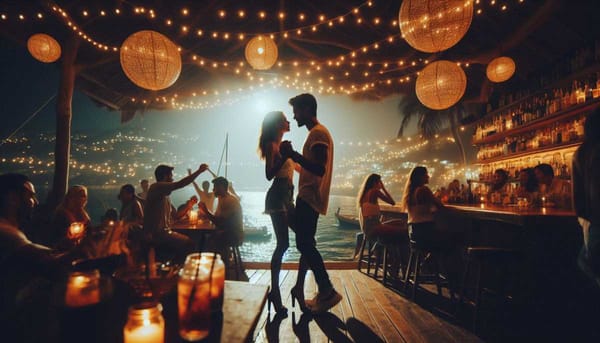 A couple dancing at a bar in Puerto Vallarta, surrounded by people and lights.