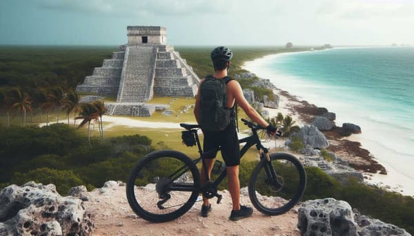 A cyclist standing in front of ancient Mayan ruins.