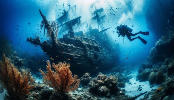 A diver exploring a coral reef with a sunken ship in the background.