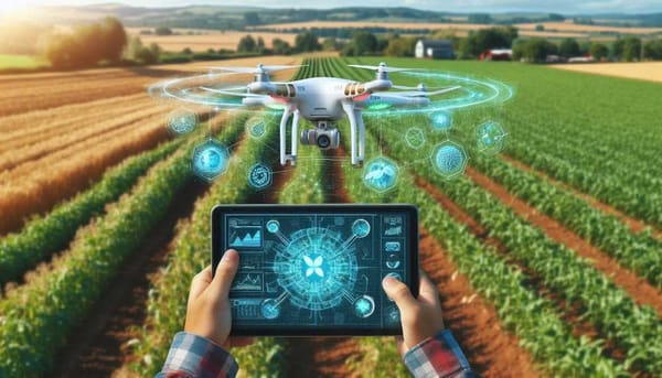 A drone flying over a field, collecting data for machine learning-based agricultural analysis.