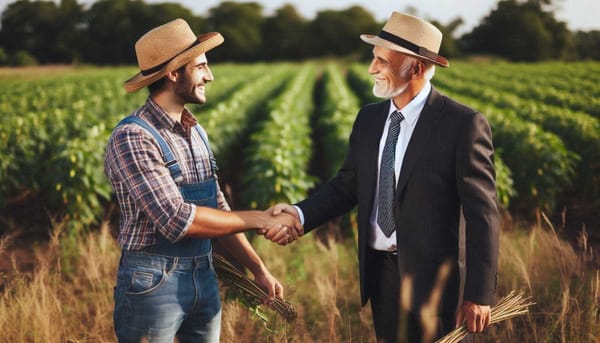 A farmer and a corporate executive shaking hands in a field.