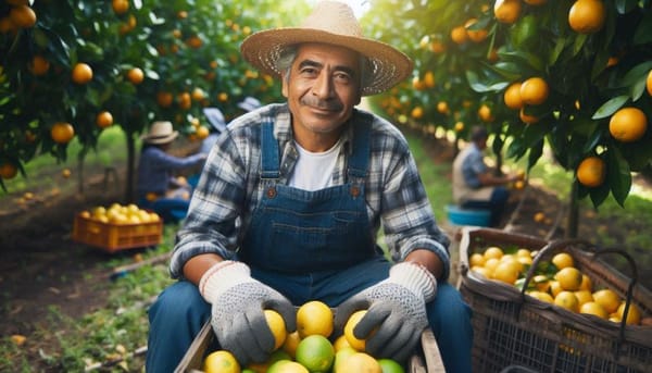 A farmer harvesting citrus fruits in a Huauchinango orchard.