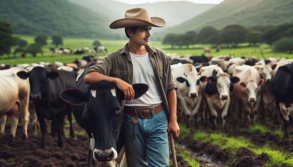 A farmer tending to a herd of cows in a green pasture.