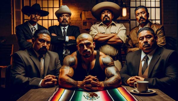 A group of Mexican drug lords, looking powerful and intimidating, sitting around a table.