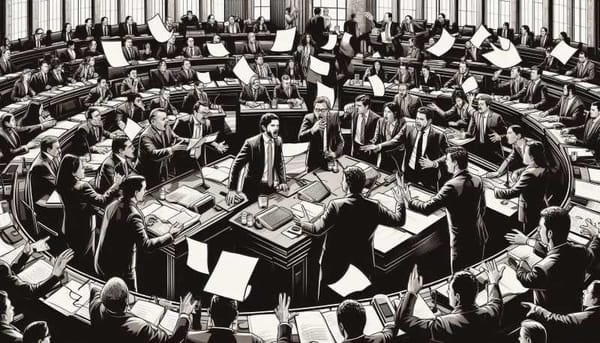 A group of politicians debating in a Mexican Congress chamber, with papers flying and people gesturing wildly.