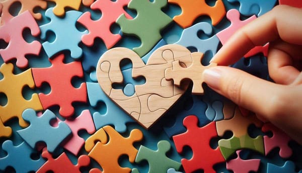 A heart-shaped puzzle piece being placed into a larger puzzle.