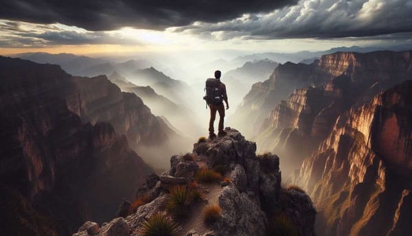 A hiker standing on a mountain peak overlooking a vast canyon in Mexico.