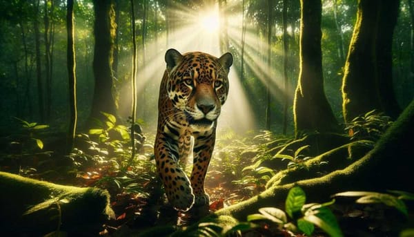 A jaguar walking through a dense, green forest with sunlight filtering through the leaves.