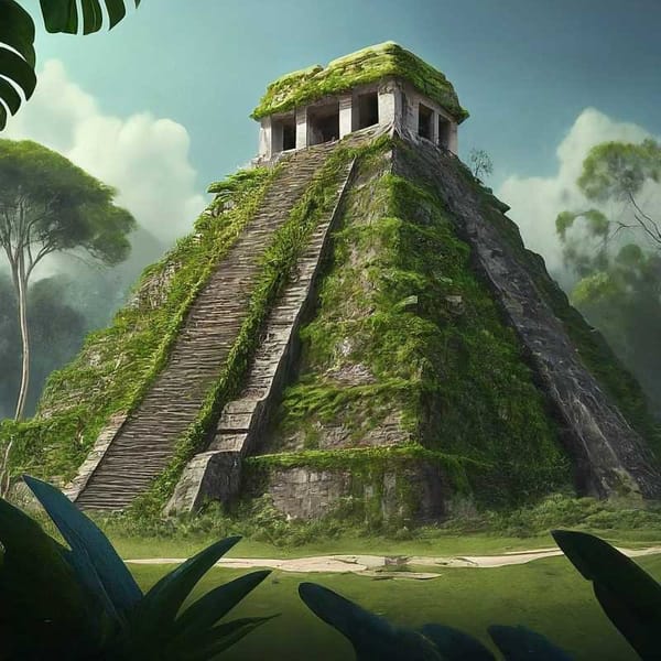 A mysterious ancient Mayan temple covered in vines and overgrown with vegetation.