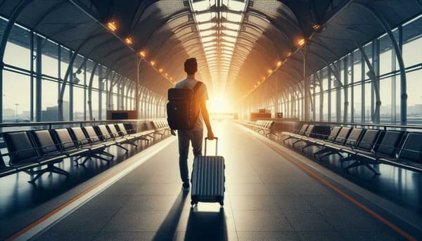 A passenger with luggage walking through a long airport terminal to reach an Uber pickup point.