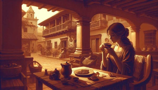 A person drinking a cup of chocolate in a colonial Spanish setting.