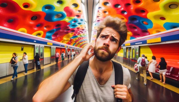 A person looking confused in a brightly colored Mexico City Metro station.