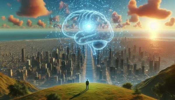 A person looking up at a giant AI brain floating in the sky.