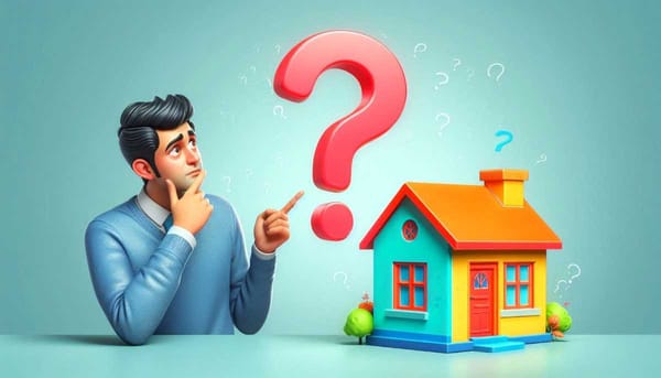 A person pointing at a house with a question mark above it, symbolizing speculation in the housing market.