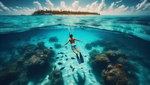 A person snorkeling in crystal-clear waters around a Mexican island.