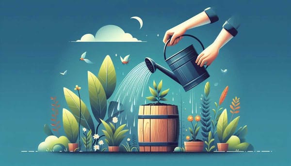 A person watering plants with a rain barrel.