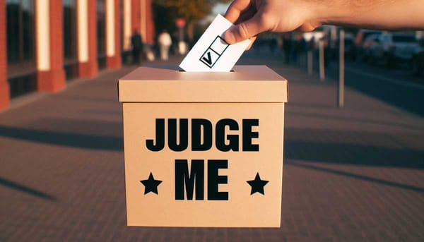 A photo of a ballot box with the words 'Judge Me' written on it.