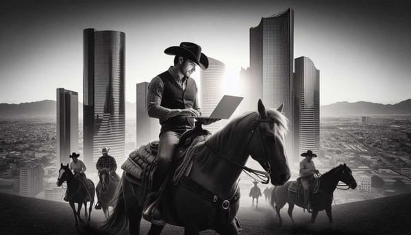 A photo of a cowboy riding a horse with a laptop in his lap, surrounded by skyscrapers.