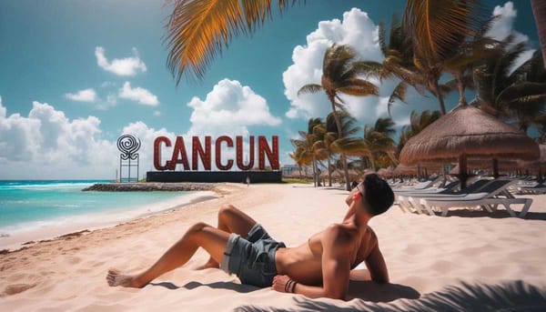 A photo of someone relaxing on a beach in Cancun, with the iconic Cancun sign in the background.