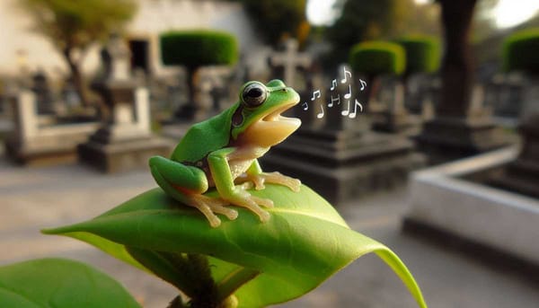 A small green frog perched on a leaf, whistling loudly in a Mexico City cemetery.